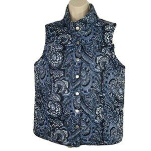 Rebecca Malone Quilted Vest Snap Front Women Size S Blue Printed Banded Collar